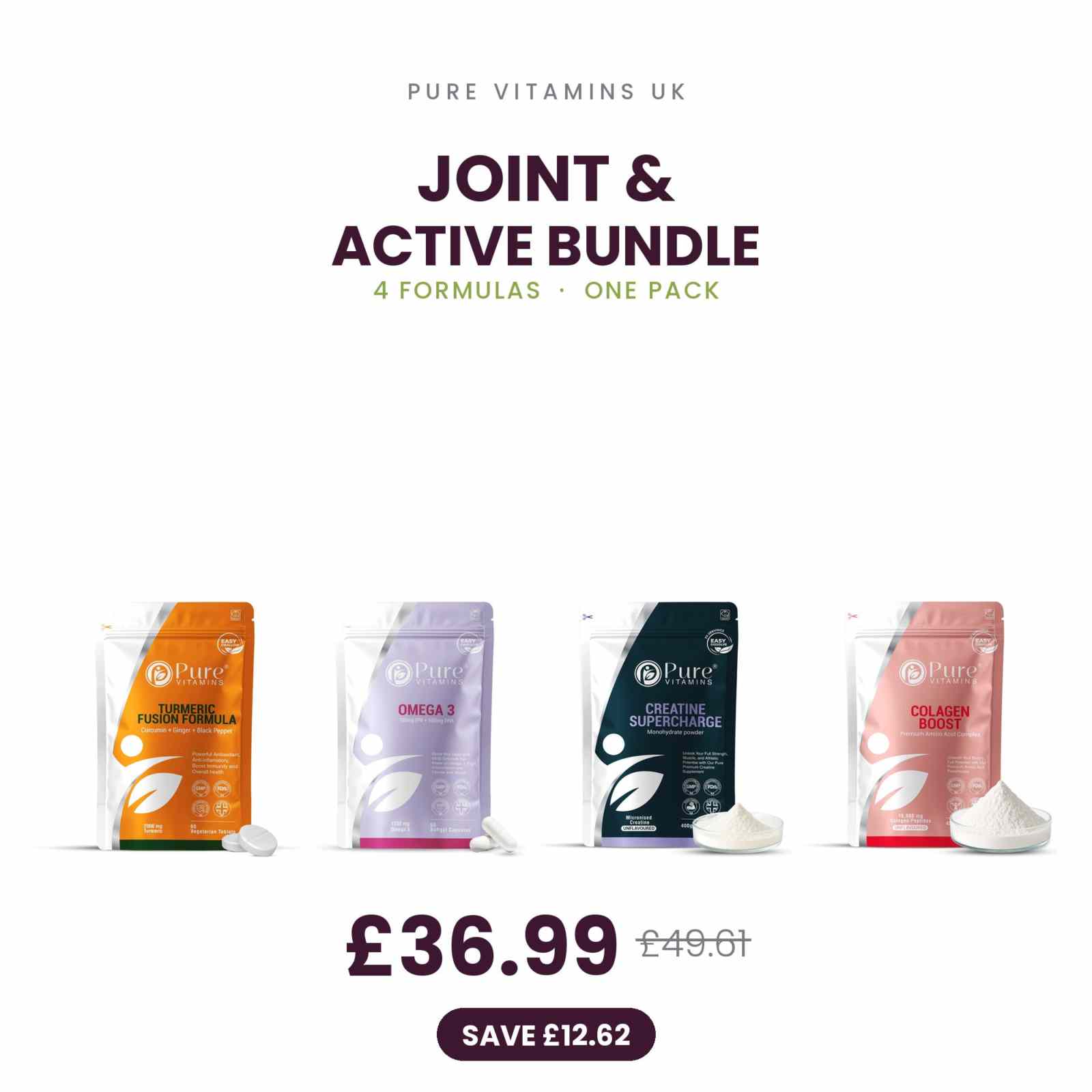 Joint & Active Bundle supplement pack with creatine, omega-3 capsules, turmeric tablets, and collagen peptides powder by Pure Vitamins UK