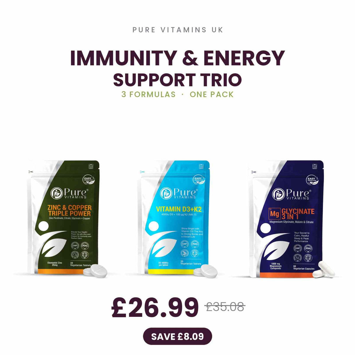 Immunity & Energy Support Trio supplements Zinc Copper Vitamin D3 K2 Magnesium Glycinate Pure Vitamins UK packaging