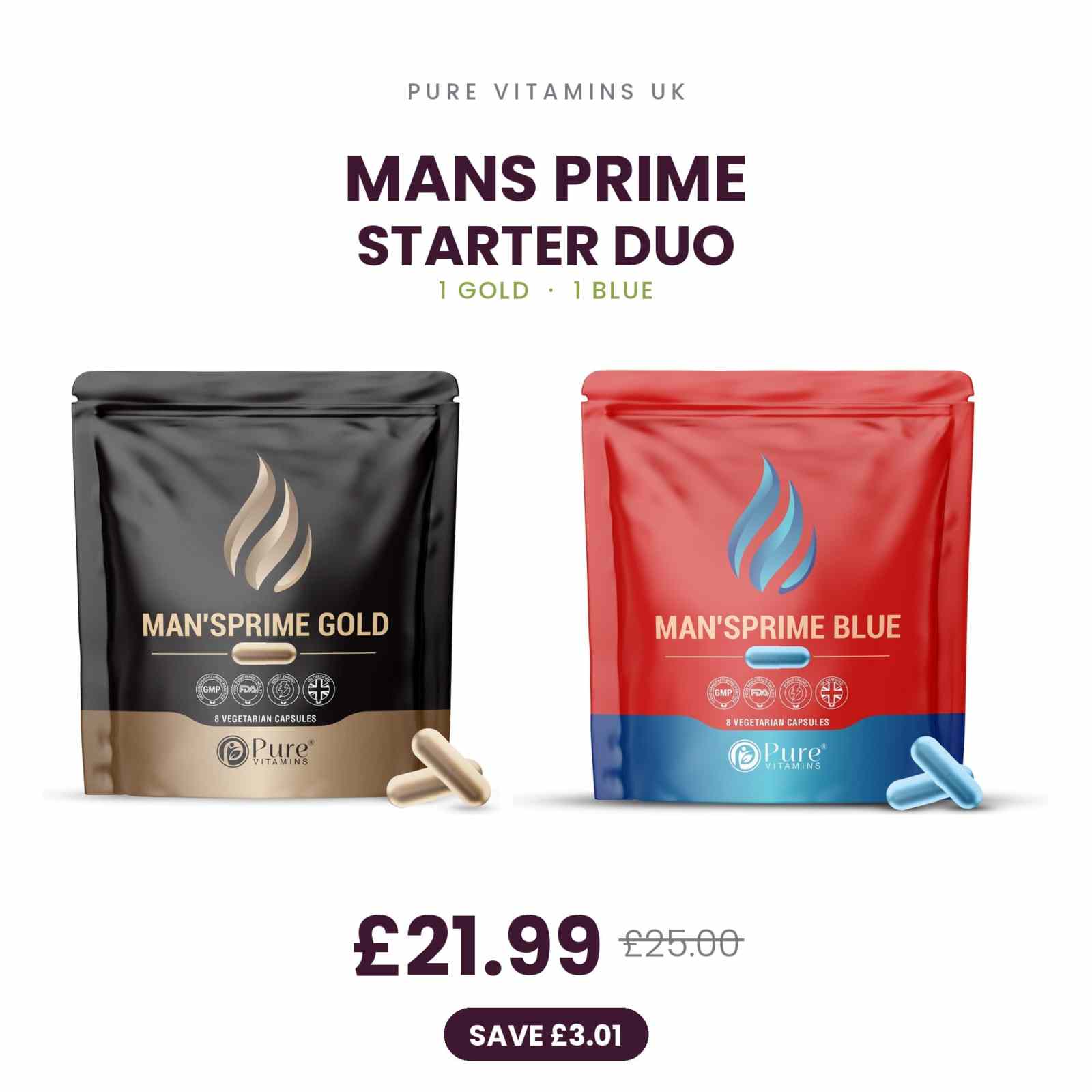 MANS PRIME Starter Duo with GOLD and BLUE vegetarian capsules containing Maca, Ginseng, Ashwagandha, and Ginkgo by Pure Vitamins UK