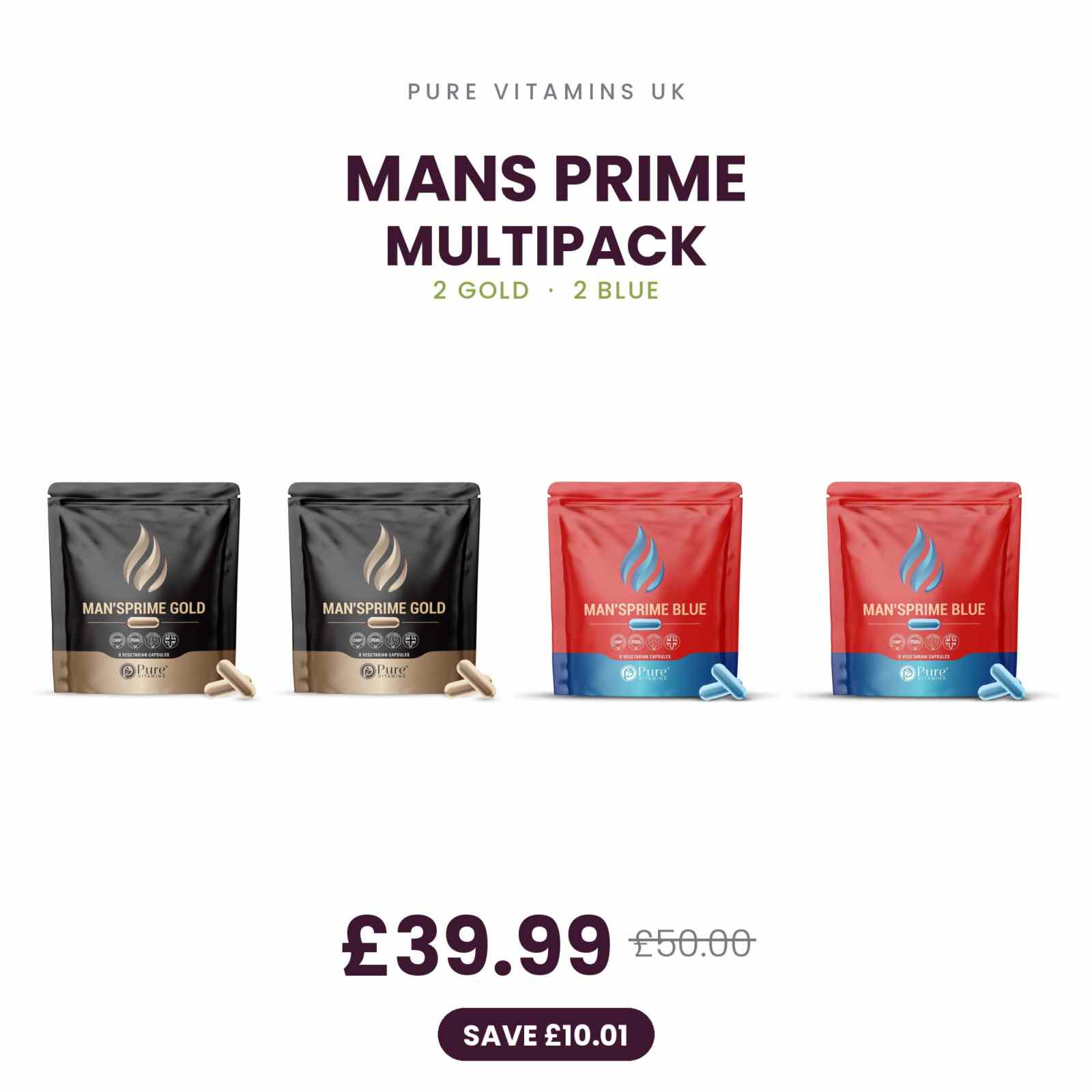 MANS PRIME Multipack by Pure Vitamins UK: two GOLD pouches and two BLUE pouches, 32 vegetarian capsules in total, £39.99 saving £10.01