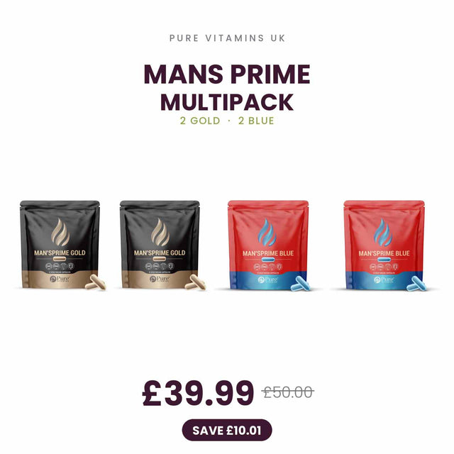 MANS PRIME Multipack with 2 GOLD and 2 BLUE pouches containing 32 vegetarian capsules by Pure Vitamins UK