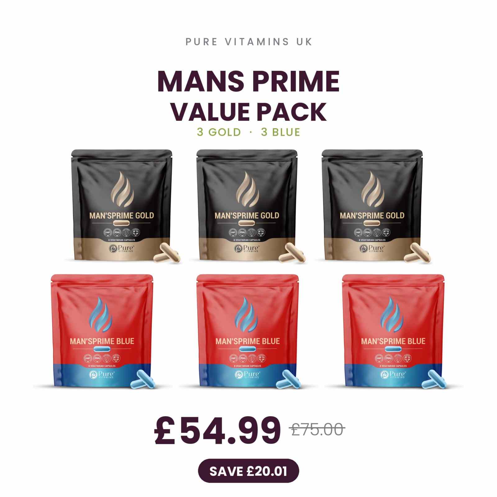 MANS PRIME Value Pack by Pure Vitamins UK: three GOLD pouches and three BLUE pouches, 48 vegetarian capsules in total, £54.99 saving £20.01