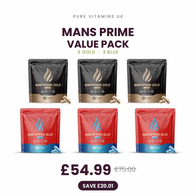 MANS PRIME Value Pack with 3 Gold and 3 Blue pouches containing 48 vegetarian capsules for men