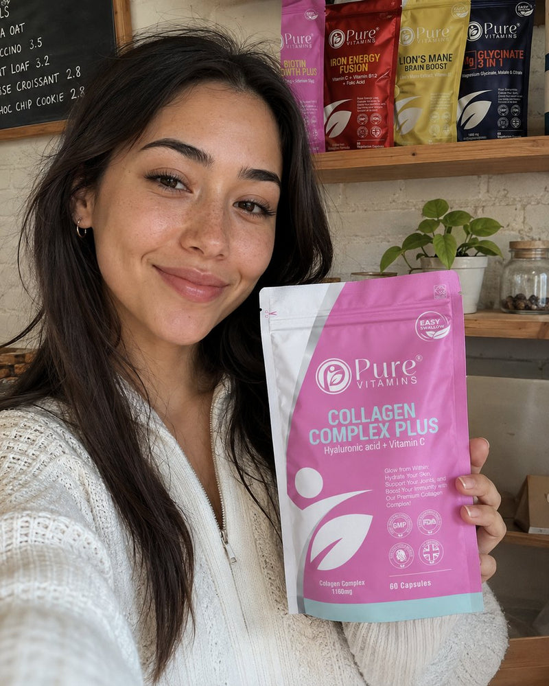 Customer holding a pouch of Pure Vitamins Collagen Complex Plus