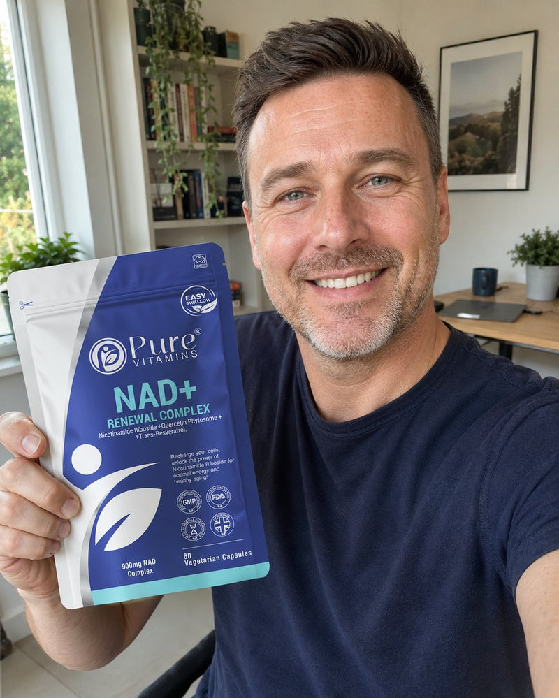 Customer holding a pouch of Pure Vitamins NAD+ Renewal Complex