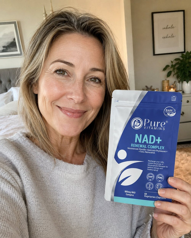 Customer holding a pouch of Pure Vitamins NAD+ Renewal Complex